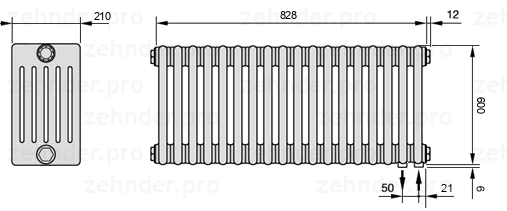 Схема (чертеж) Радиатор Zehnder Charleston 6060/18 №5510 Белый глянцевый RAL 9016